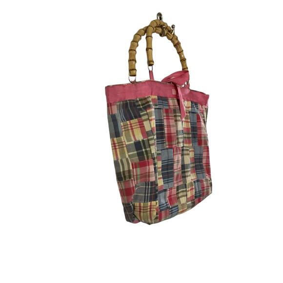 Molly B Patchwork Plaid Tote Bag Bamboo Handles Pink Trim - Picture 4 of 7